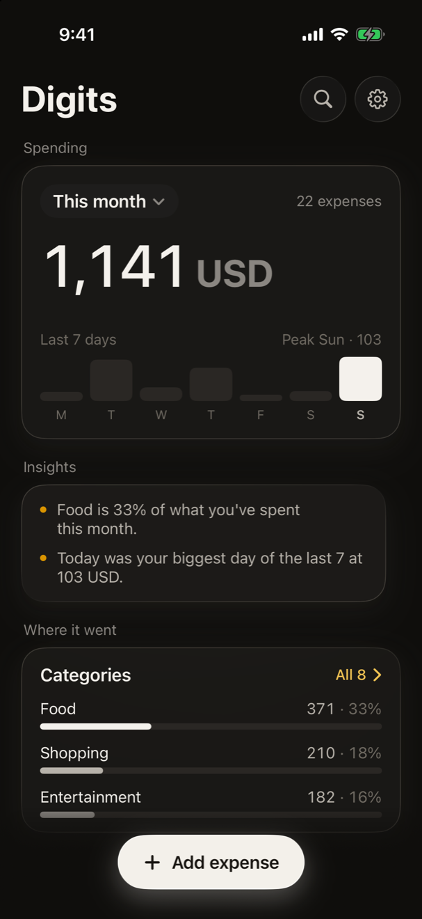 Digits home screen in dark mode