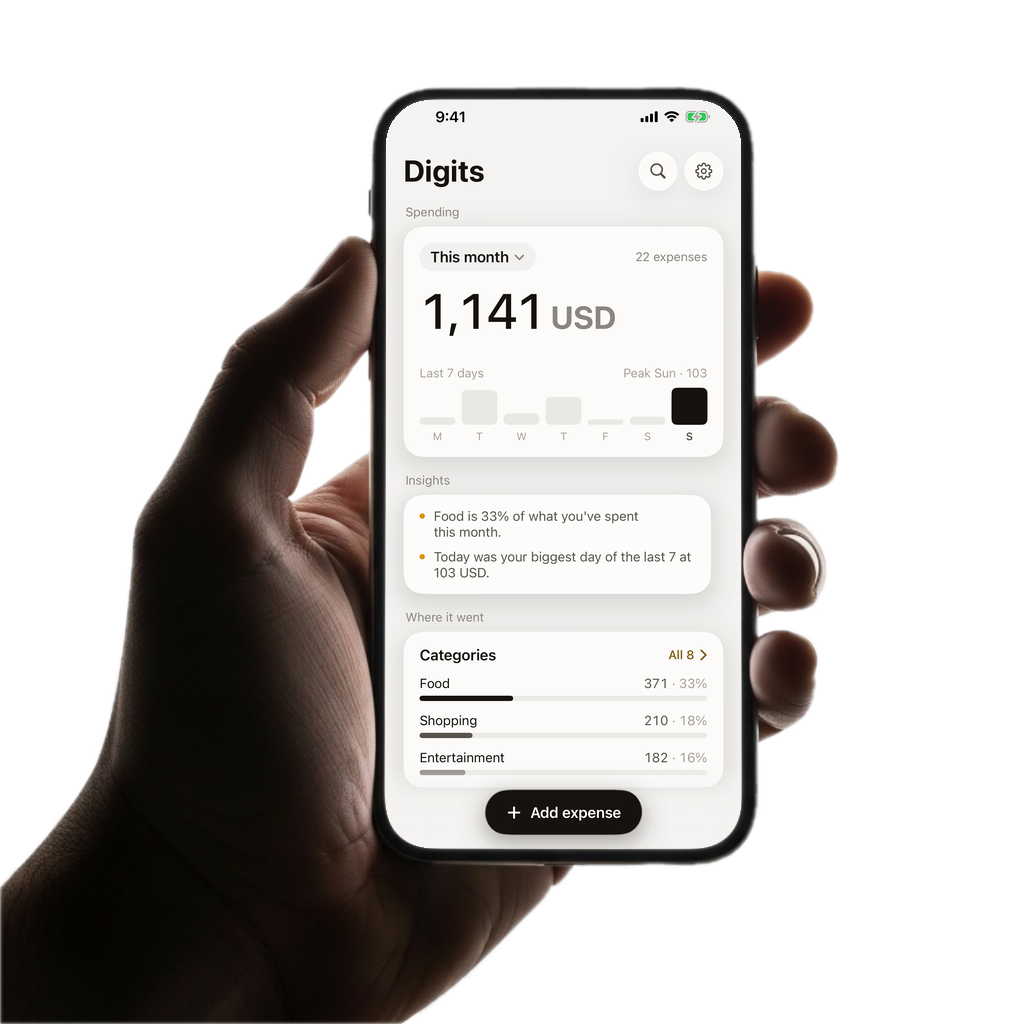A hand holding an iPhone showing the Digits home screen with monthly spend, a 7-day chart and insights